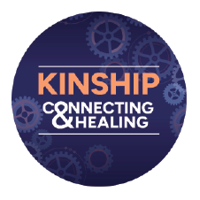 2025 National Crime Victims’ Rights Week Button 2 featuring this year's theme—Connecting < KINSHIP > Healing—and a background of various sized cogs. 